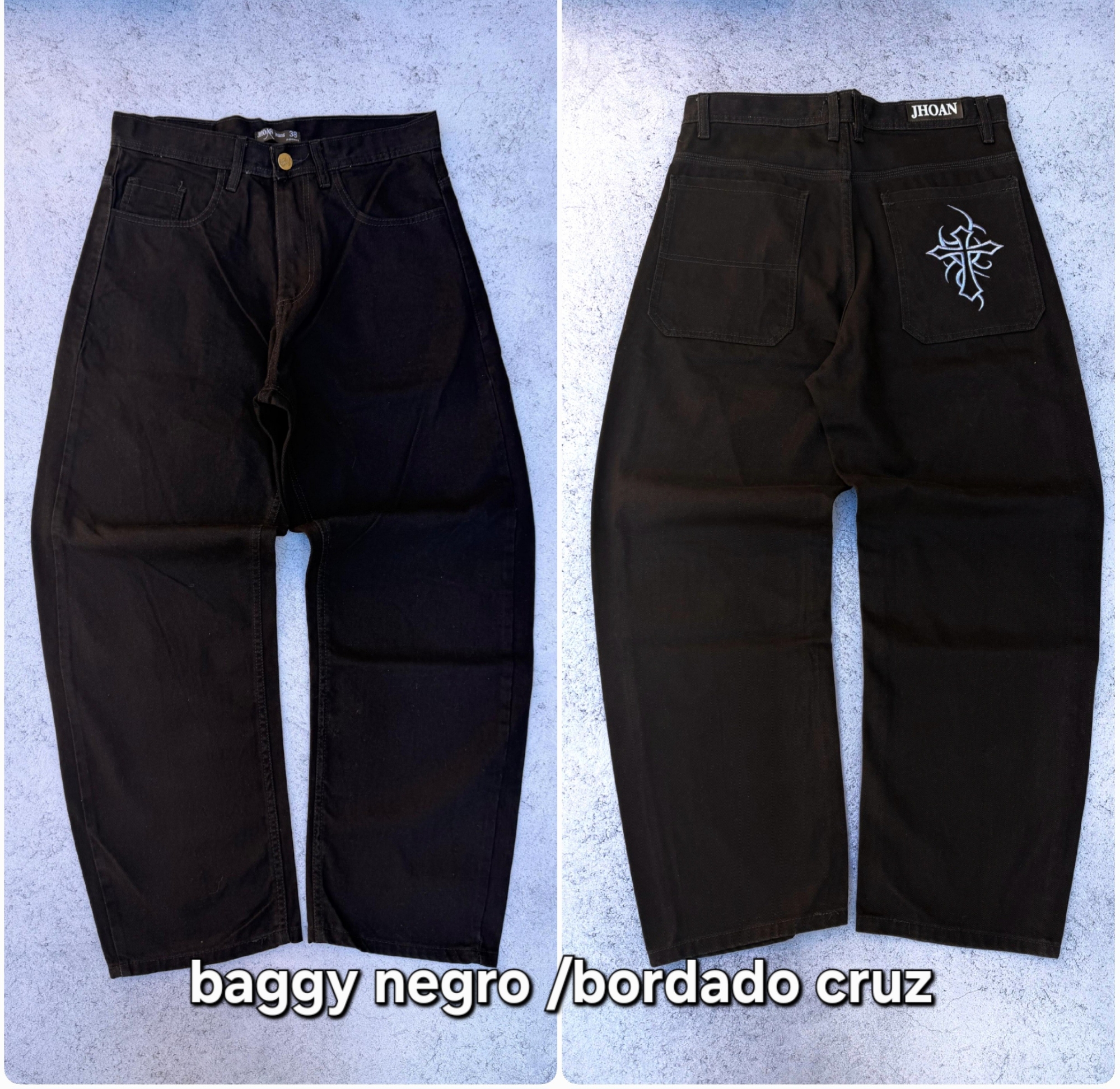 Baggy Negro Liso con Bordado en el Bolsillo - Imagen 3