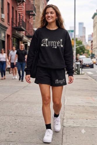 Conjuntos de Algodon Rustico Short mas Buzo Angel Estampa de Strass