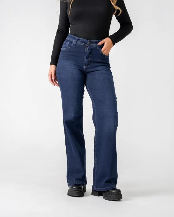 Wide Leg Jeans Elastizado Azul