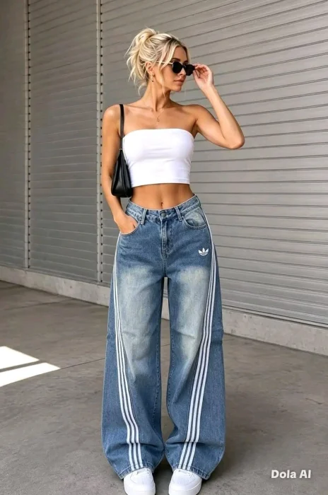 Jean Wide Leg Rigidos Adidas Bordado