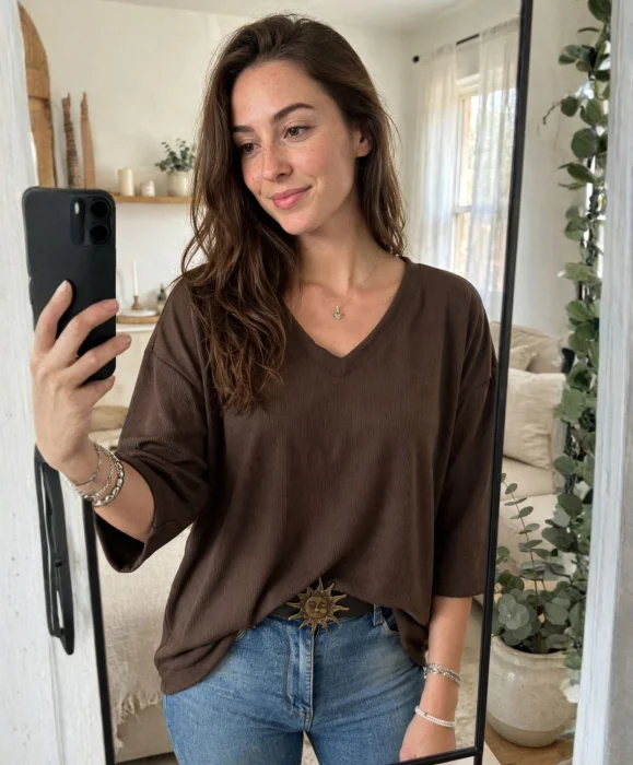 Remeron Oversize Mujer Manga 3/4 Micro Morley Cuello V