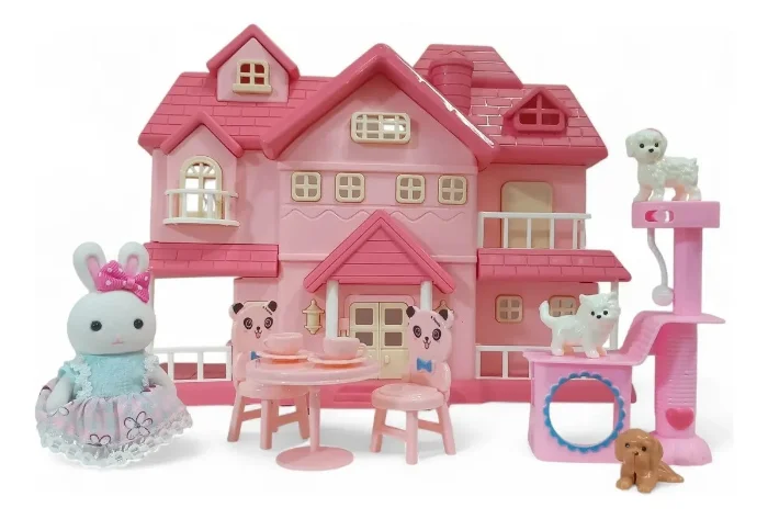 Casa de Muñecas Rosa con Conejito, Mascotas y Muebles