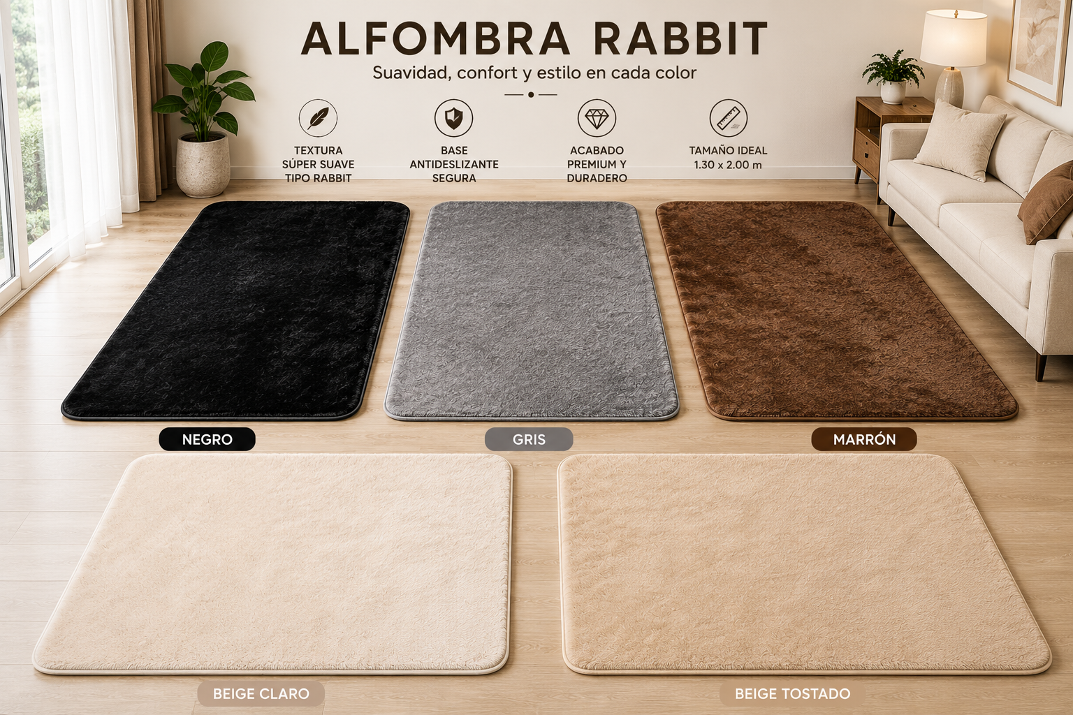 Alfombra Rabbit  Antideslizante 100 X 130 Cm Super Suave - 4%20COLORES.png