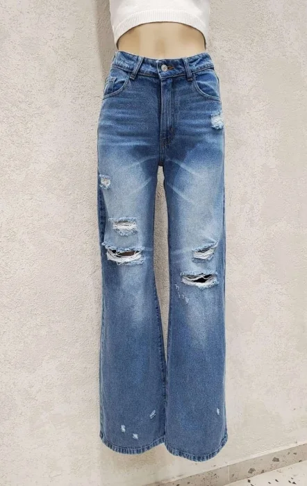 Jean Wideleg Tiro Alto  con Roturas Denim Rigido Premium