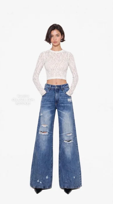 Jean Wideleg Tiro Alto  con Roturas Denim Rigido Premium