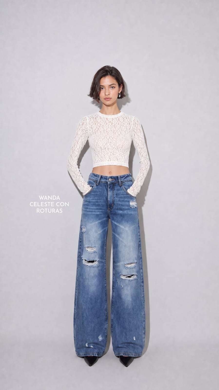 Jean Wideleg Tiro Alto  con Roturas Denim Rigido Premium - Imagen 2