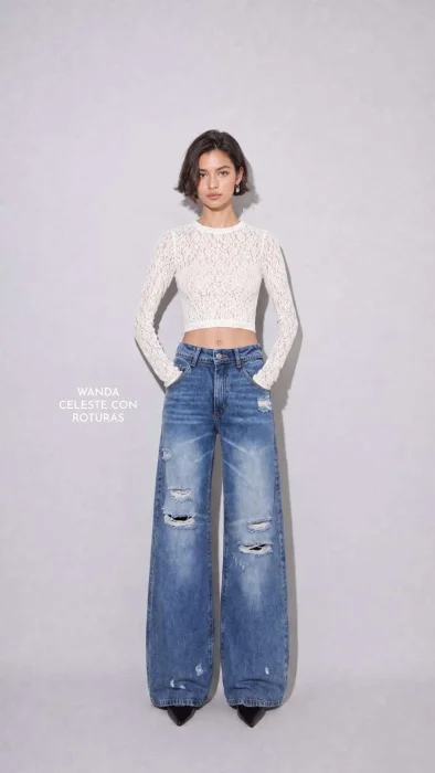 Jean Wideleg Tiro Alto  con Roturas Denim Rigido Premium