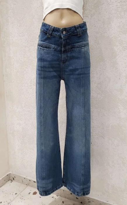 Wide Leg con Recorte y Bolsillos Delanteros Denim Rigido Premium