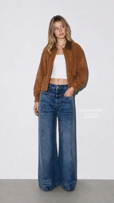 Wide Leg con Recorte y Bolsillos Delanteros Denim Rigido Premium
