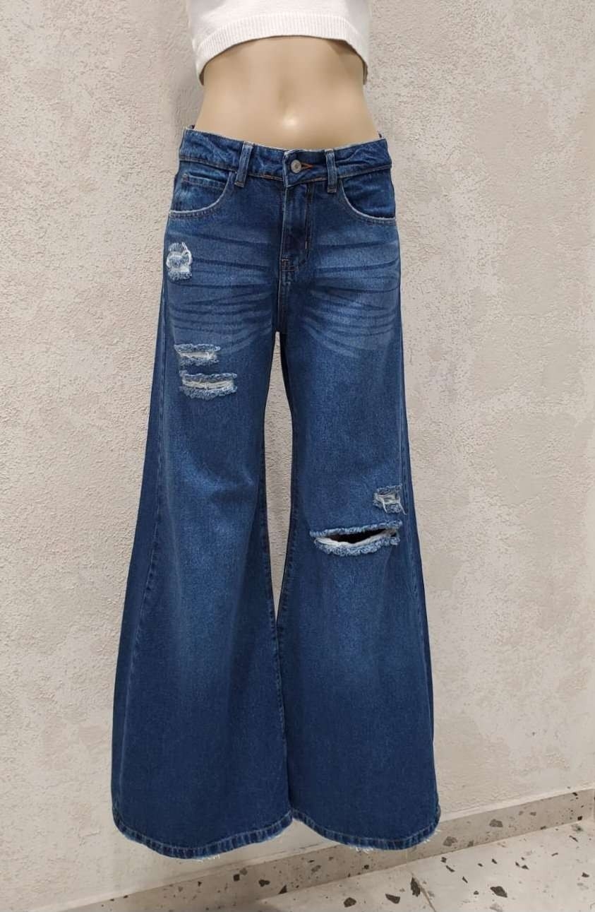 Super Wideleg Azul con Roturas Tiro Medio Denim Rigido Premium - Imagen 2
