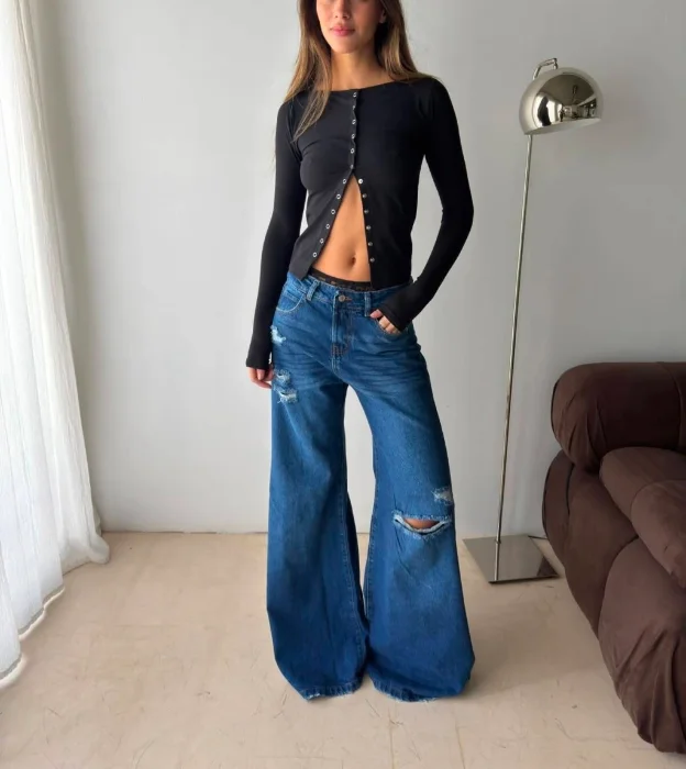 Super Wideleg Azul con Roturas Tiro Medio Denim Rigido Premium