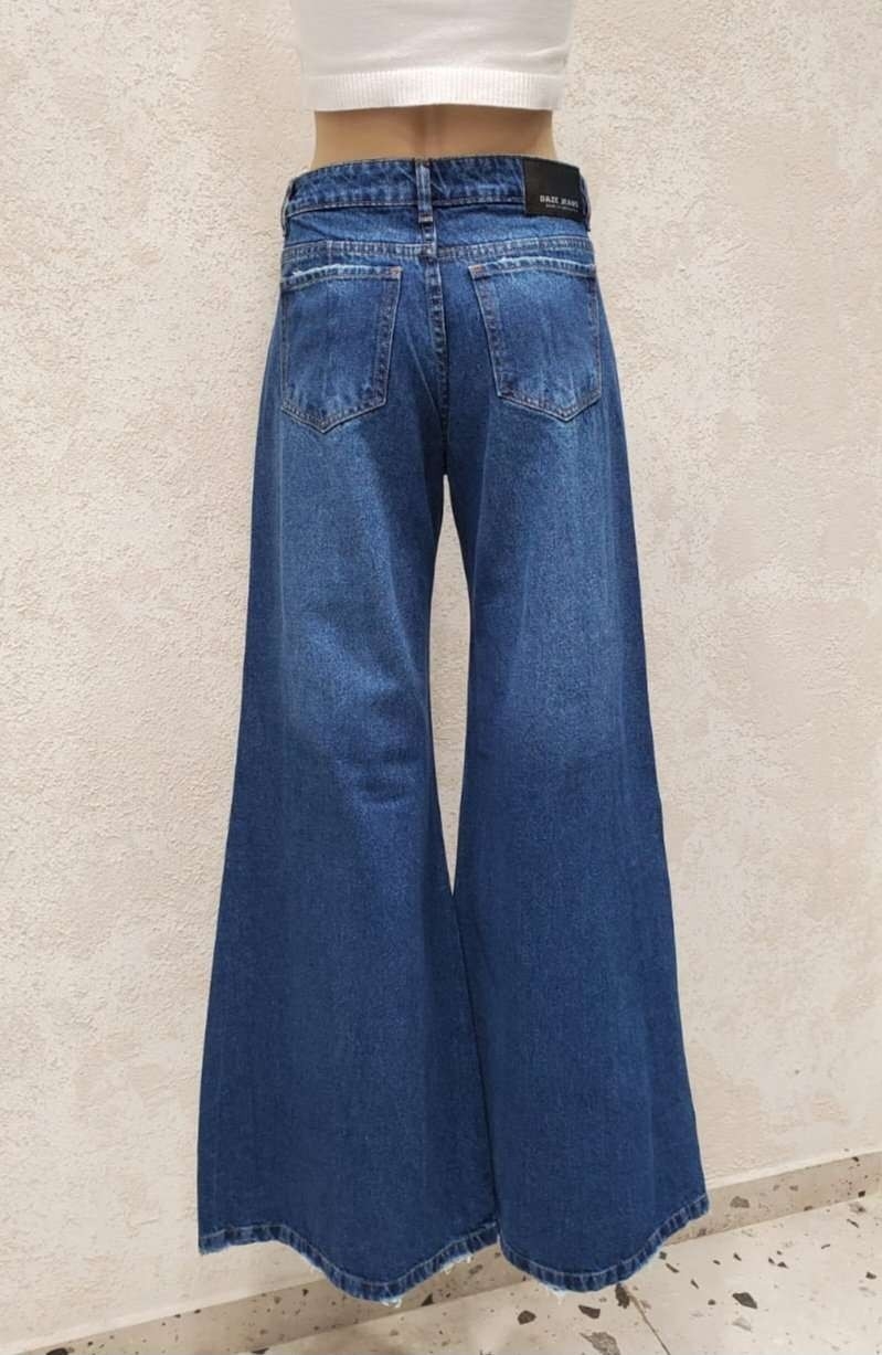 Super Wideleg Azul con Roturas Tiro Medio Denim Rigido Premium - Imagen 3