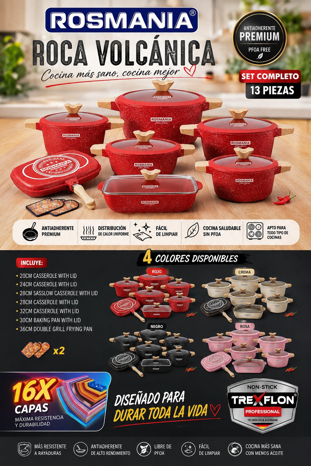 Juego de Ollas Rosmania  Roca Volcánica 
 13 Piezas | 16 Capas - Imagen 3