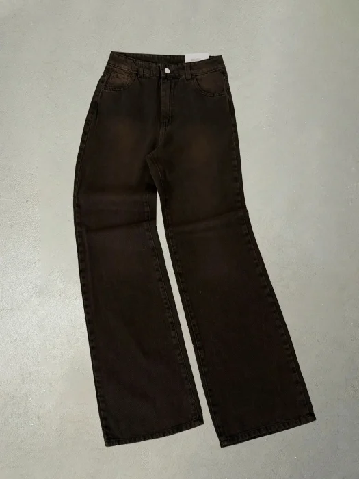 Jean Recto Marrom Localizado Tiro Alto Denim Rigido Premium
