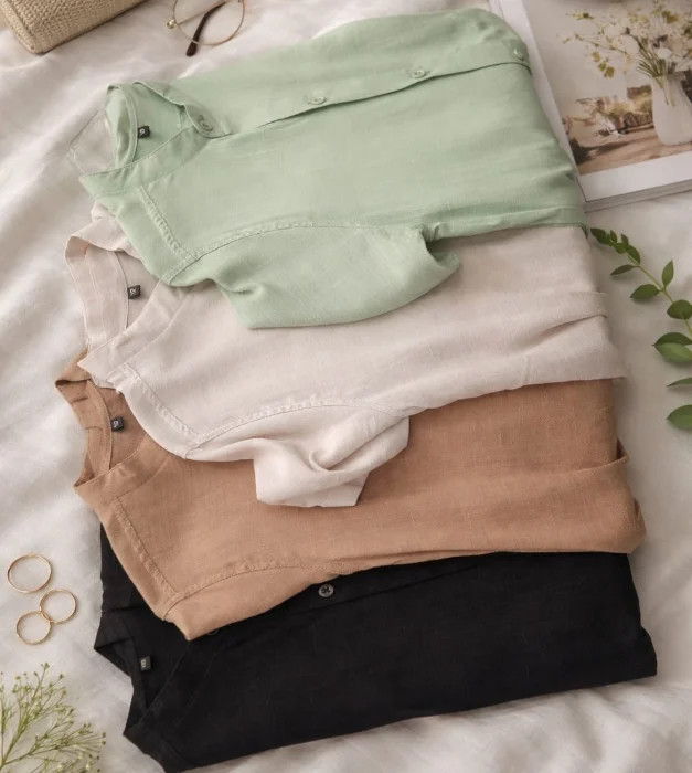 Camisa de Lino Liso Cuello Mao de Niño