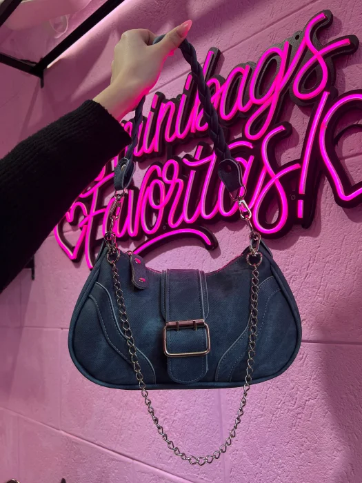 Cartera Mini Bag Baguette Cuero Pu Azul Jeans Bordo Marrón