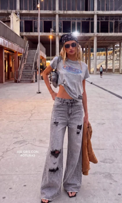 Jean Baggy Recorte Lateral Tiro Alto Denim Rigido Premium