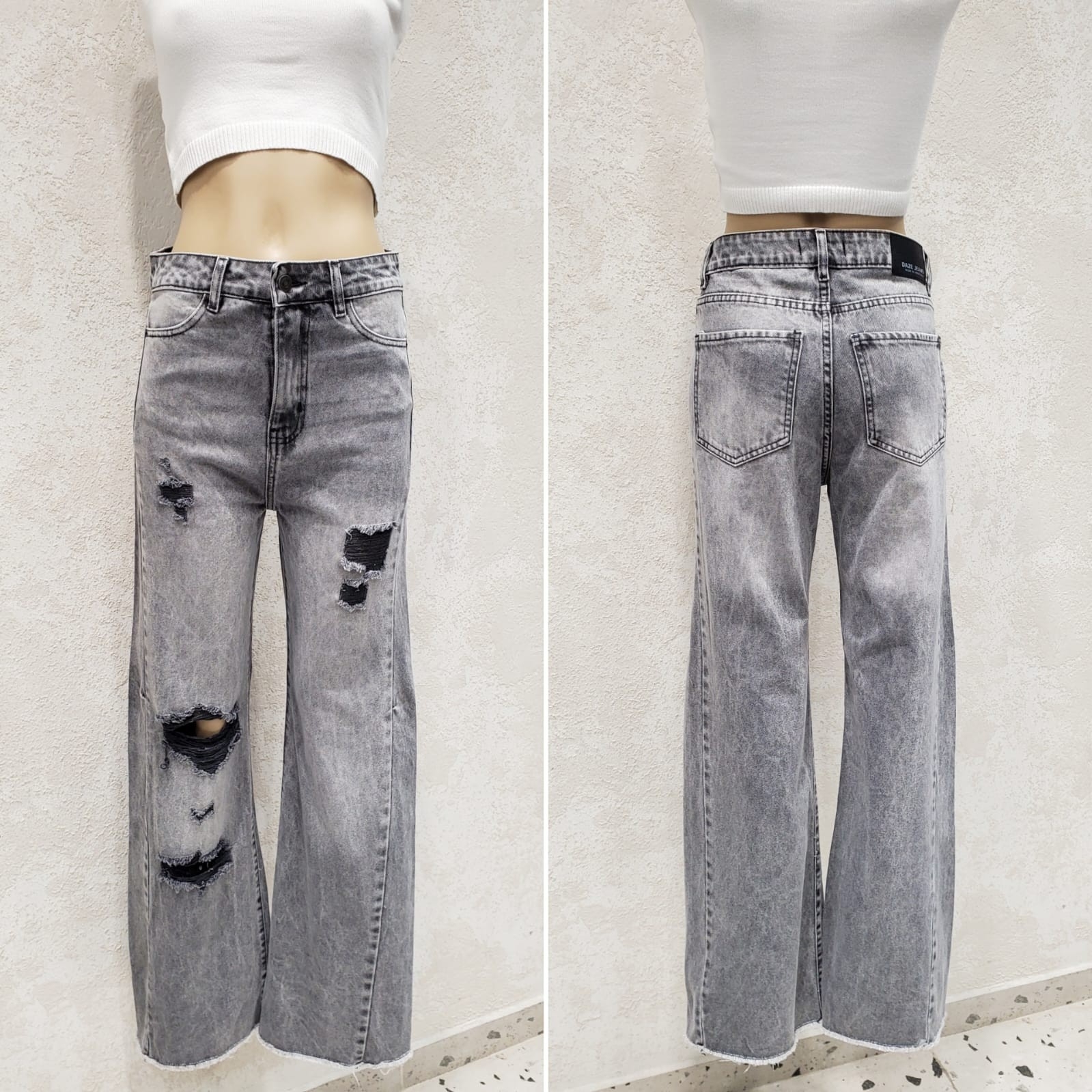 Jean Baggy Recorte Lateral Tiro Alto Denim Rigido Premium - Imagen 2