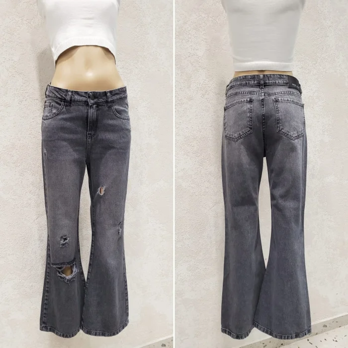 Jean Baggy Flare Gris con Roturas Denim Rigido Premium