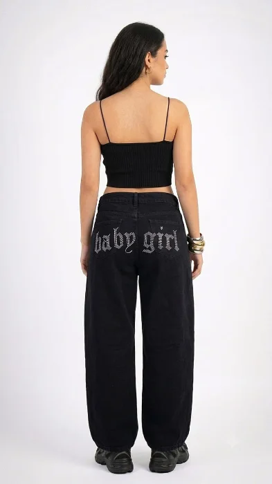 Jean Baggy Strass Regulador Dama Baby Girl Pantalón Ancho Denim Moda Mujer 2000's