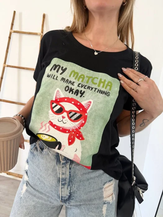 Remera Estampada Gato "my Matcha" 100% Algodón Premium
