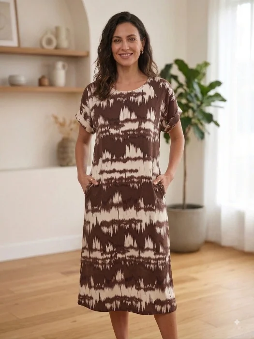 Vestido de Lino Estampado C/bolsillos