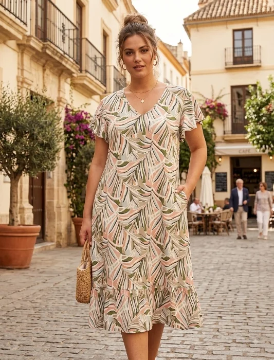Vestido de Lino Estampado en Cuello V