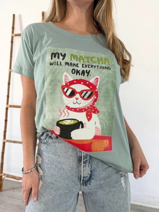 Remera Cat Matcha