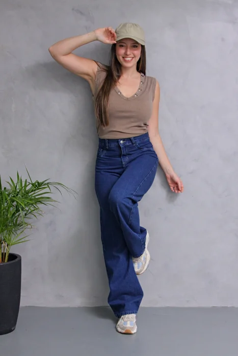 Wide Leg Azul Rigido Liso