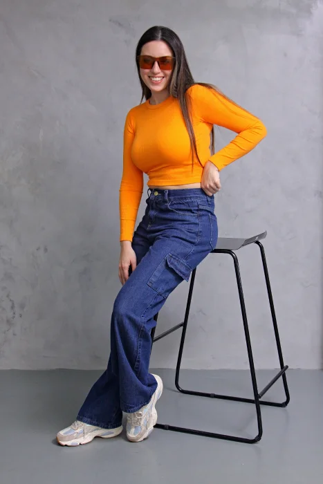 Wide Leg Azul Cargo con Bolsillo Delantero