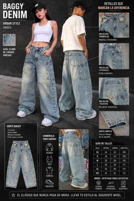 Jeans Baggy Estilo Balón los Colores en Óxido y Celeste