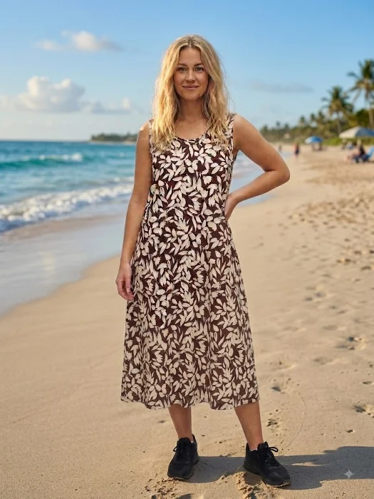 Vestido de Lino Estampado sin Manga en Cuello u