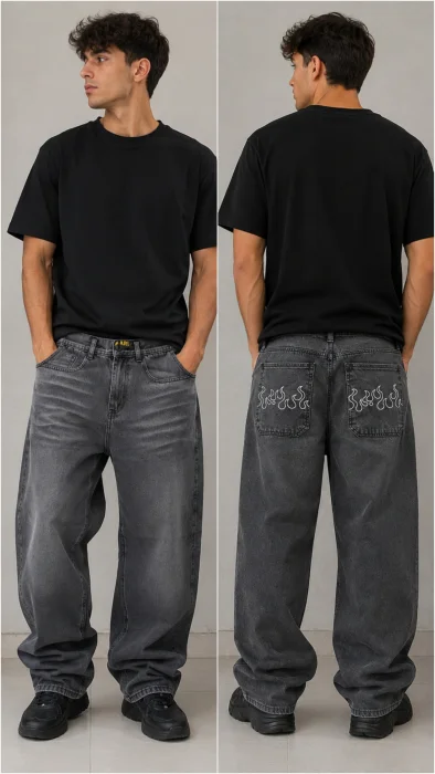Baggy Bordado Negro Gastado