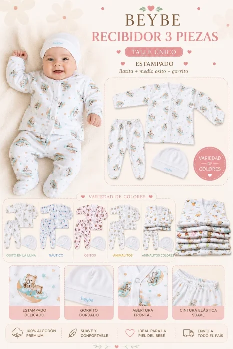 Set Recibidor  de Algodon Estampado  3 Piezas Talle Unico