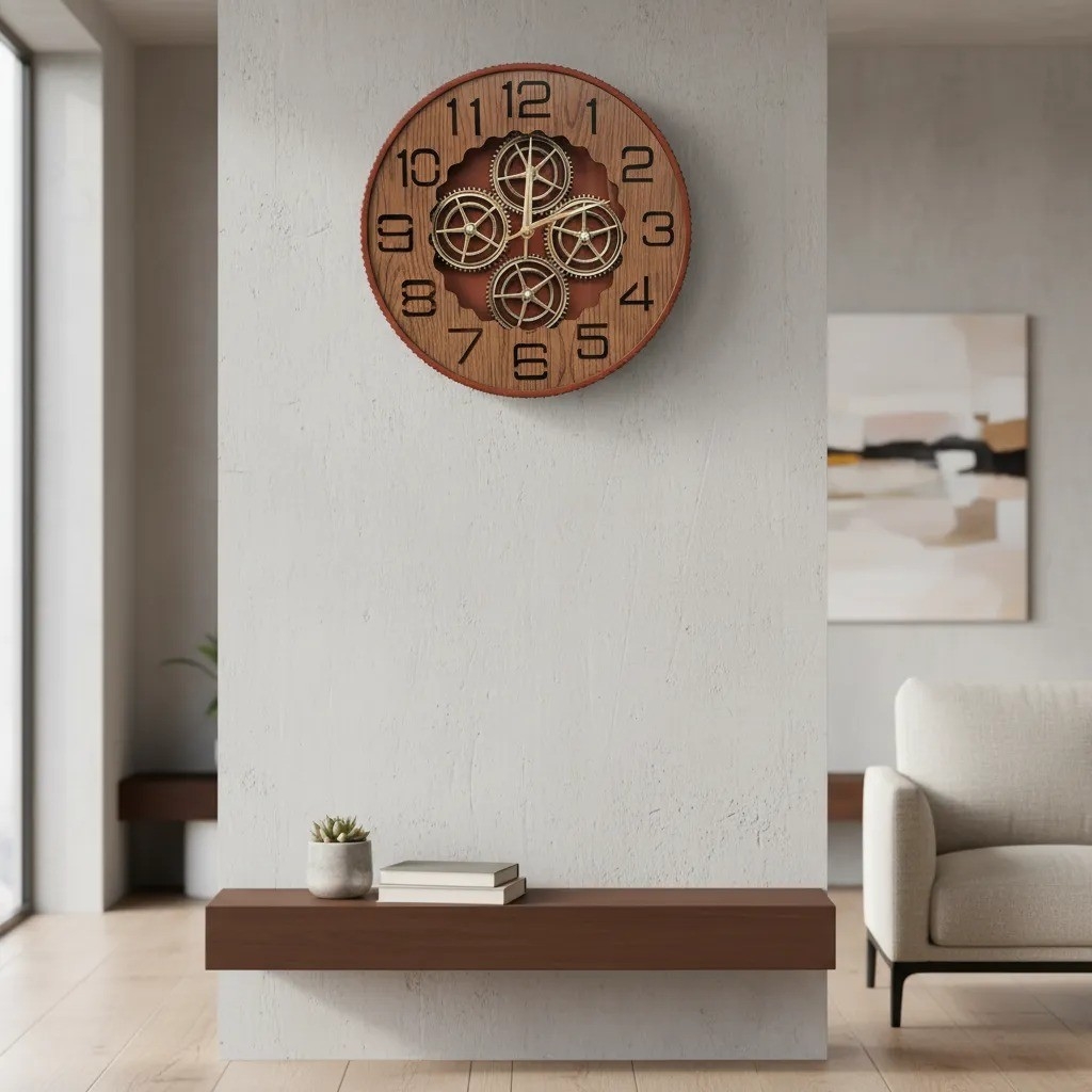 Reloj de Pared Industrial Engranaje Madera Silencioso - Imagen 1