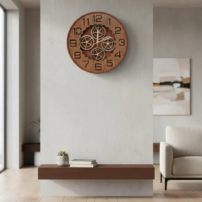 Reloj de Pared Industrial Engranaje Madera Silencioso