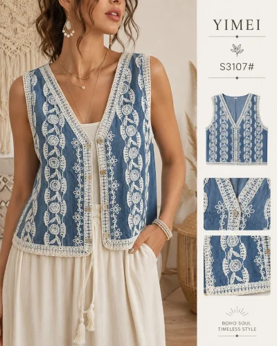 Chaleco de Jean con Relieve Tejido a Crochet. 3107