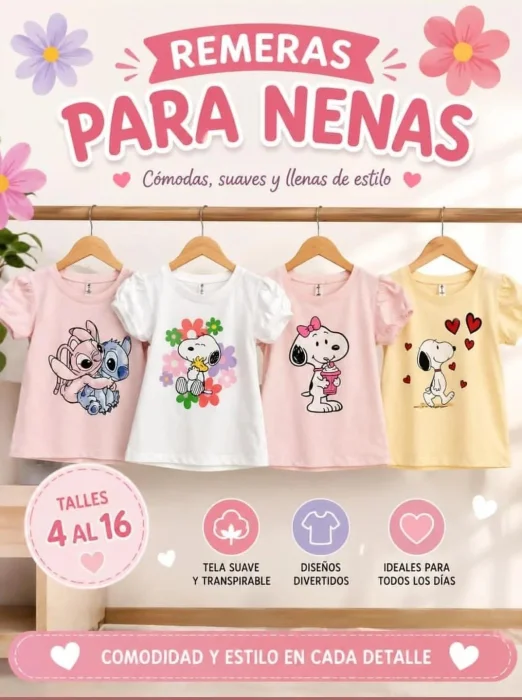Remeras para Nenas en Algodón del Tallas 4al 16