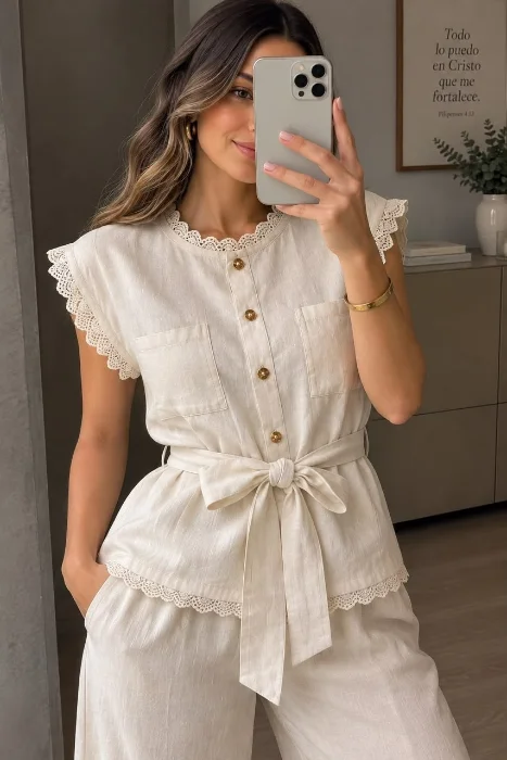 Conjunto de Lino Importado con Puntilla