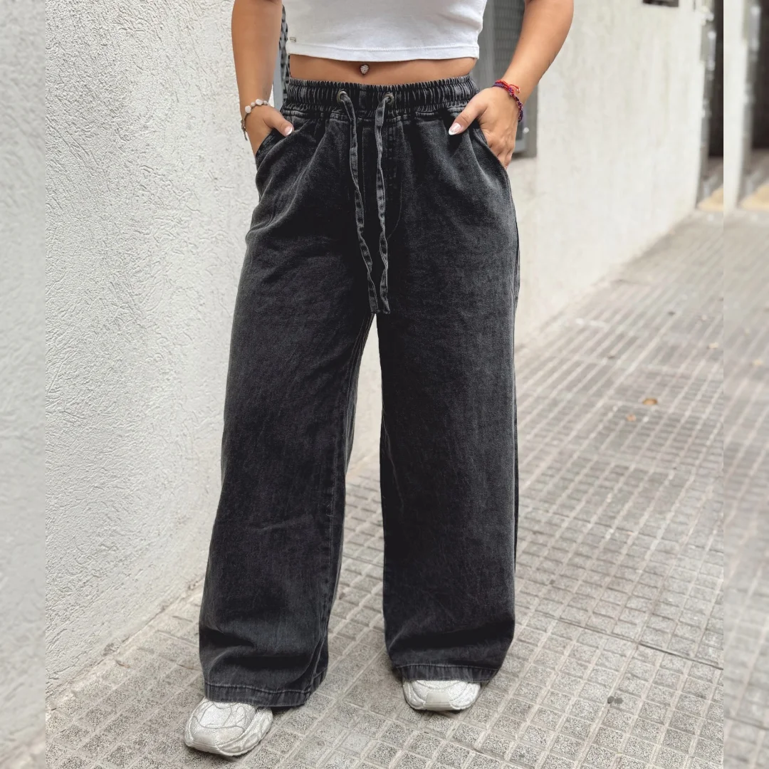 Wide Leg C/elástico en Jean Rígido Gris - Imagen 1