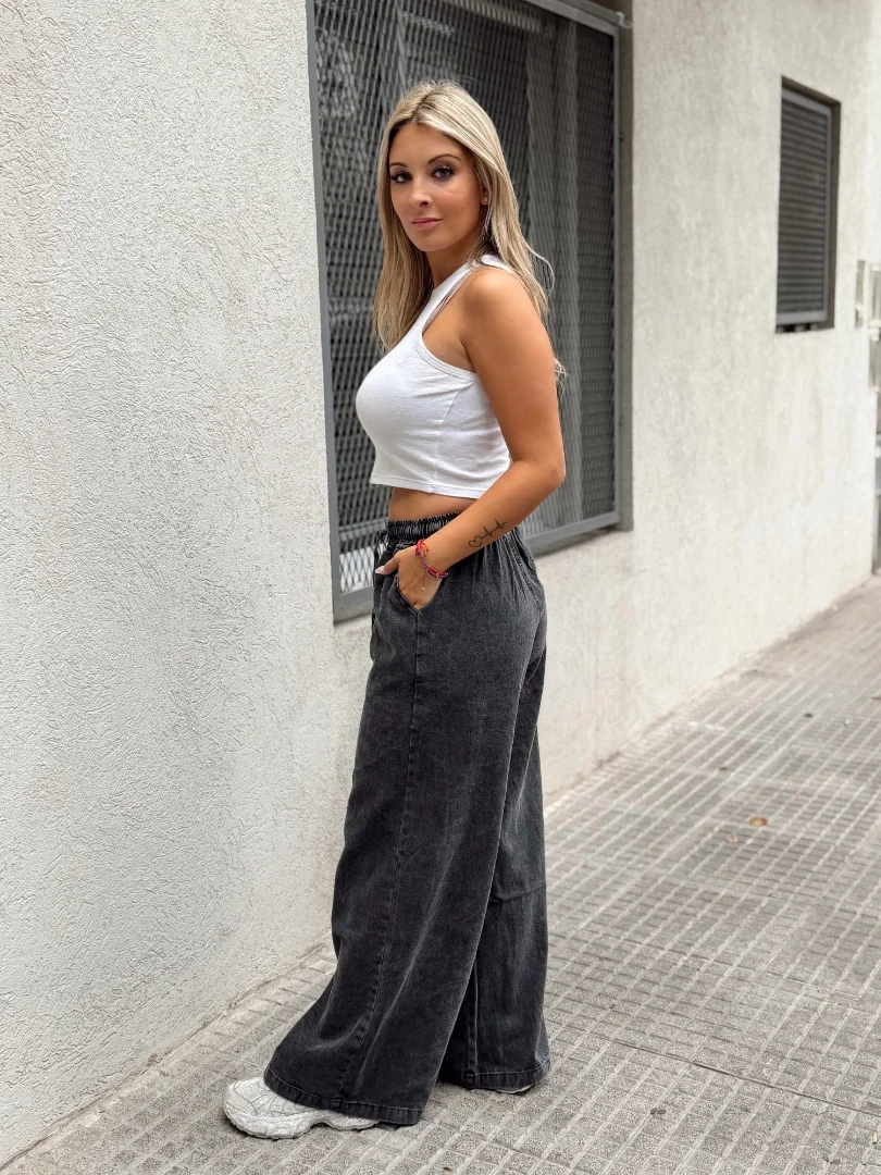 Wide Leg C/elástico en Jean Rígido Gris - Imagen 2