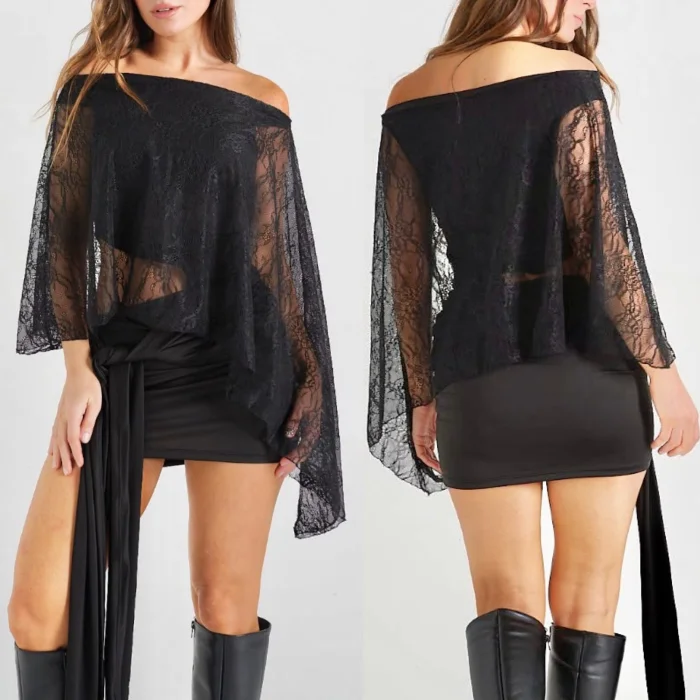 Vestido de Fiesta Corto Lycra con Capa de Encaje