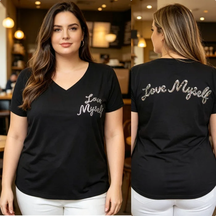 Remera Recta Lentejuela Bordada Frente y Espalda Love Myself