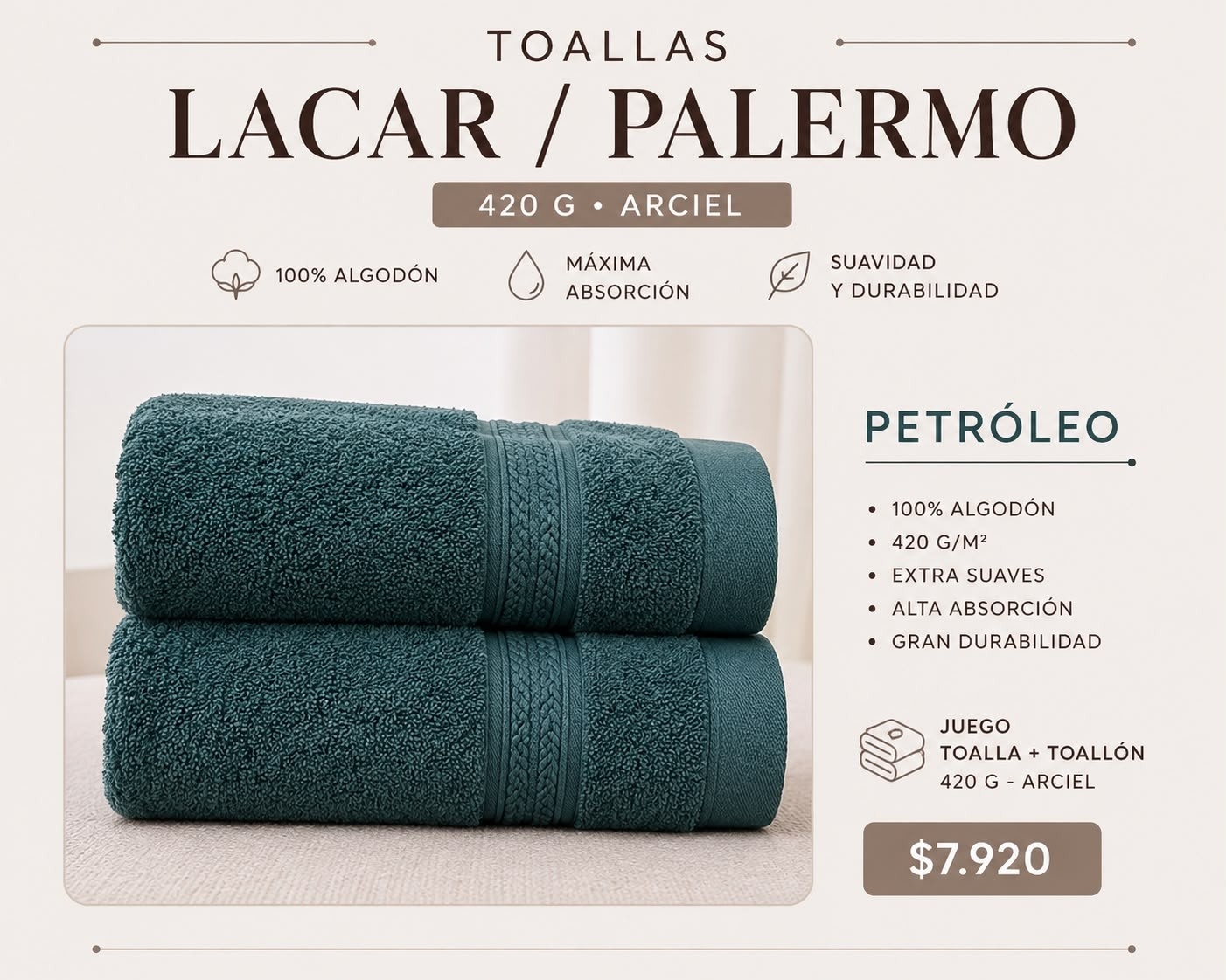 Juego de Toallon y Toalla Lacar Palermo 420 Gr - Imagen 6