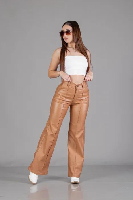 Wide Leg Engomado con Pliegue Beige