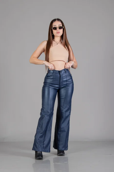 Wide Leg Engomado con Pliegue Marino