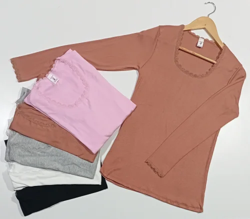 Remera Manga Larga de Dama,rib Melvin Viscosa con Puntilla, Talles 2 3 4 5 6