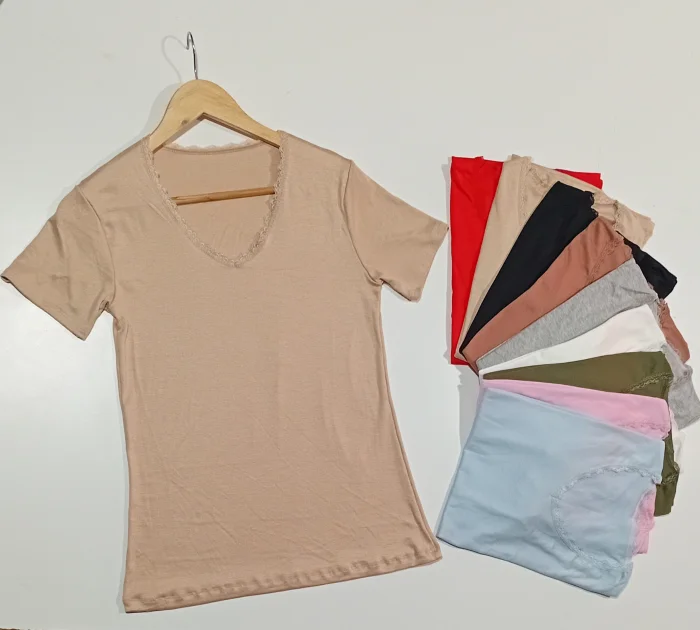 Remera Rib Morley Viscosa Talle Unico con Puntilla ..cuello en V y Cuello Redondo