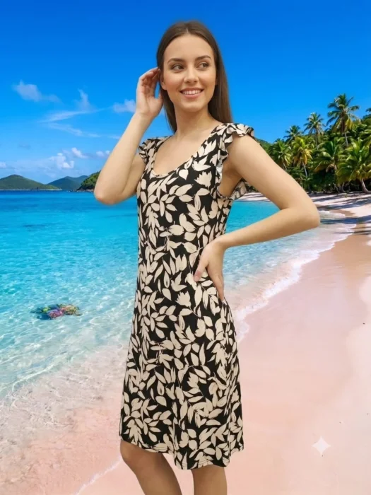 Vestido Semicorto de Lino Estampado en Cuello u y V