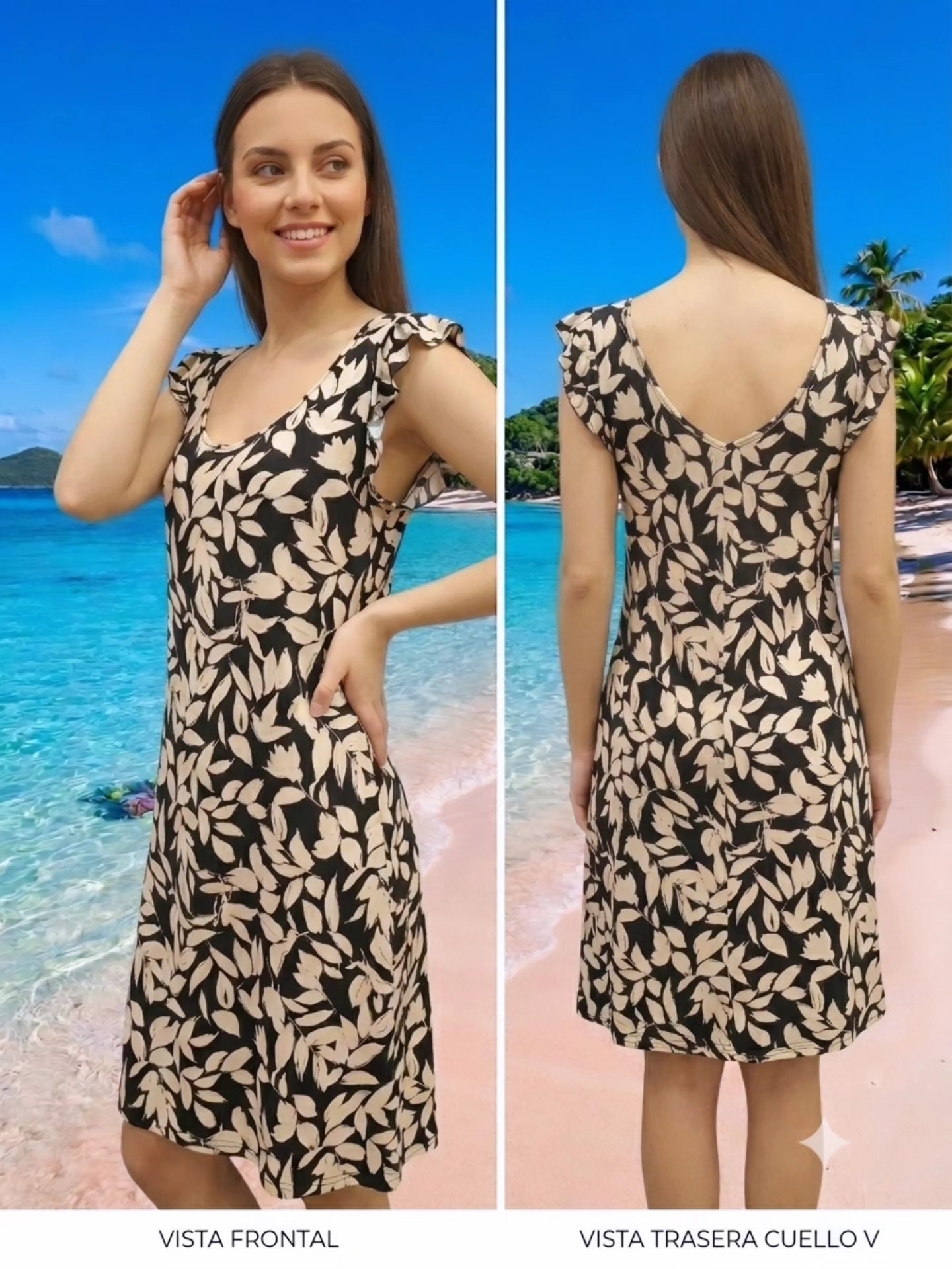 Vestido Semicorto de Lino Estampado en Cuello u y V - Imagen 2